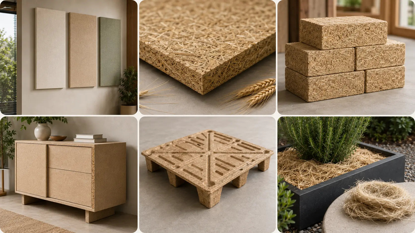 Bio-fiber panels straw bricks molded pallets furnishings and landscape fiber