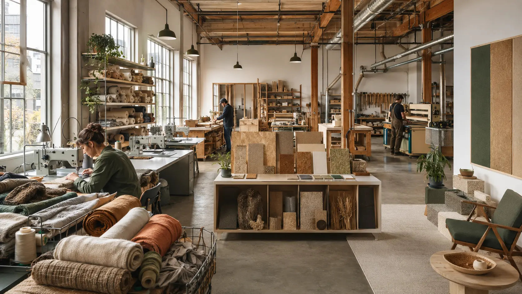 Light-filled Circularis Design Hive with textile equipment woodworking benches circular materials and small-batch production