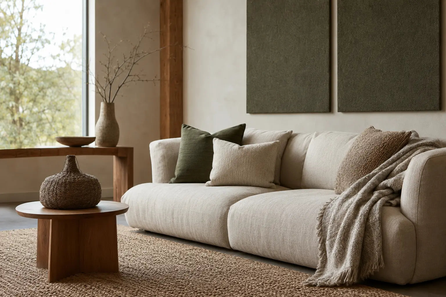 Natural textile interior with wool rug hemp upholstery and acoustic wall panels
