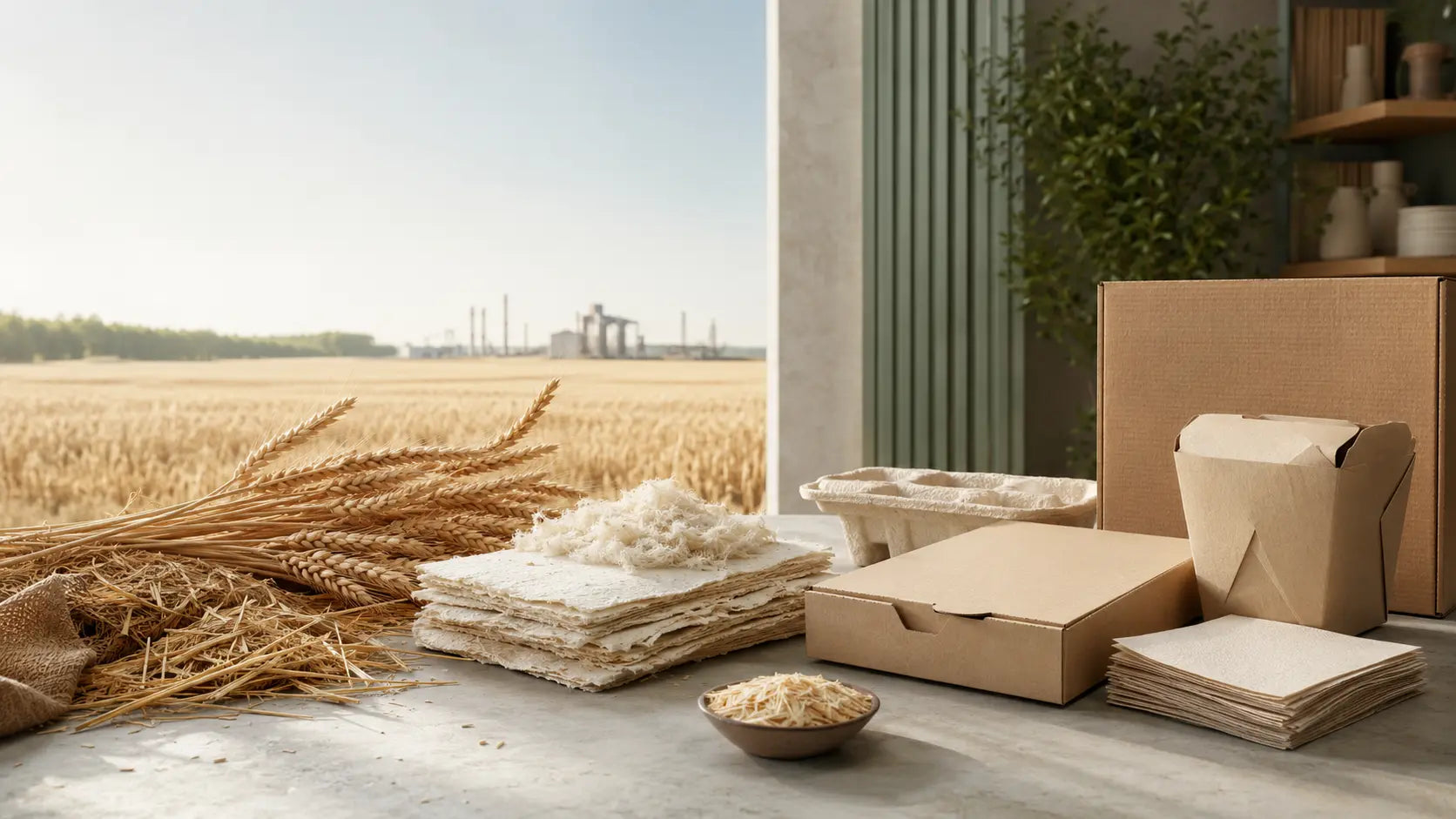 Wheat-straw paper packaging and material samples